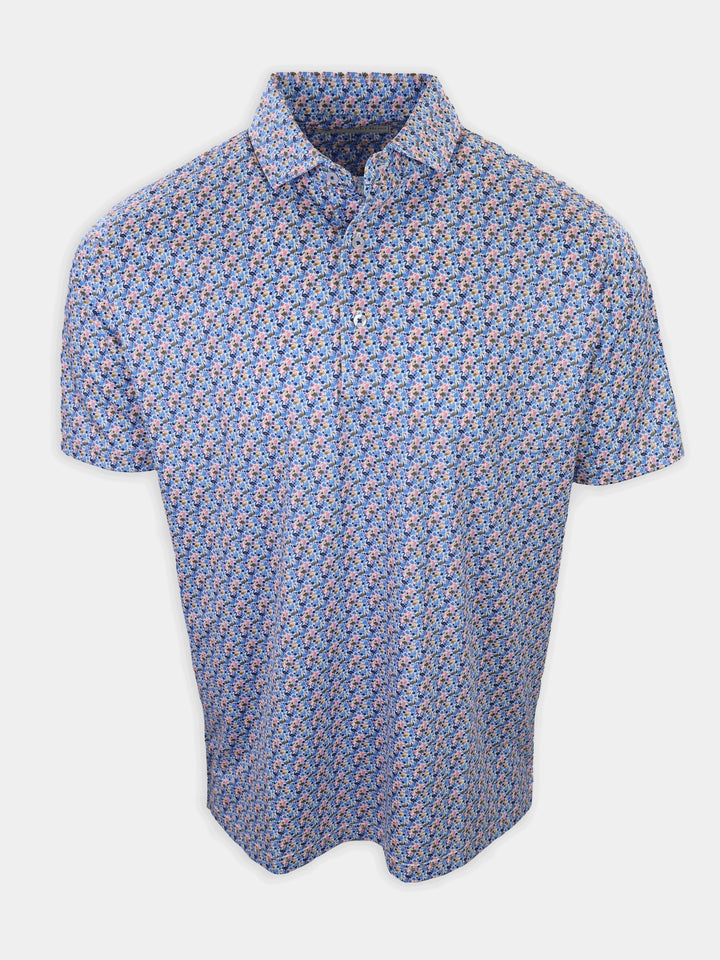 Short-sleeve button-up shirt with a floral pattern in shades of blue, pink, and green.