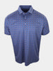A blue short-sleeve polo shirt with a colorful pattern of small shapes is displayed.