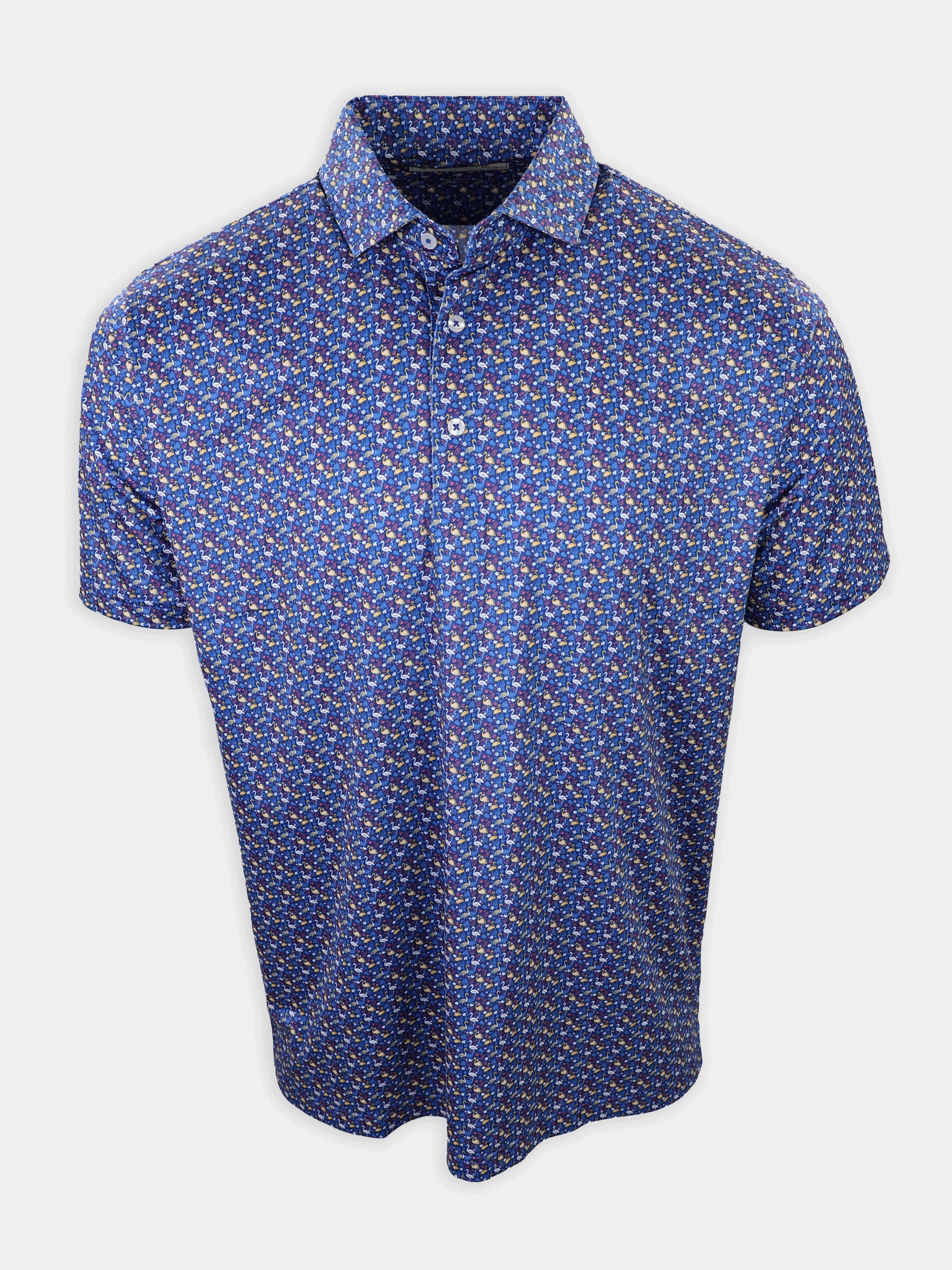 A blue short-sleeve polo shirt with a colorful pattern of small shapes is displayed.