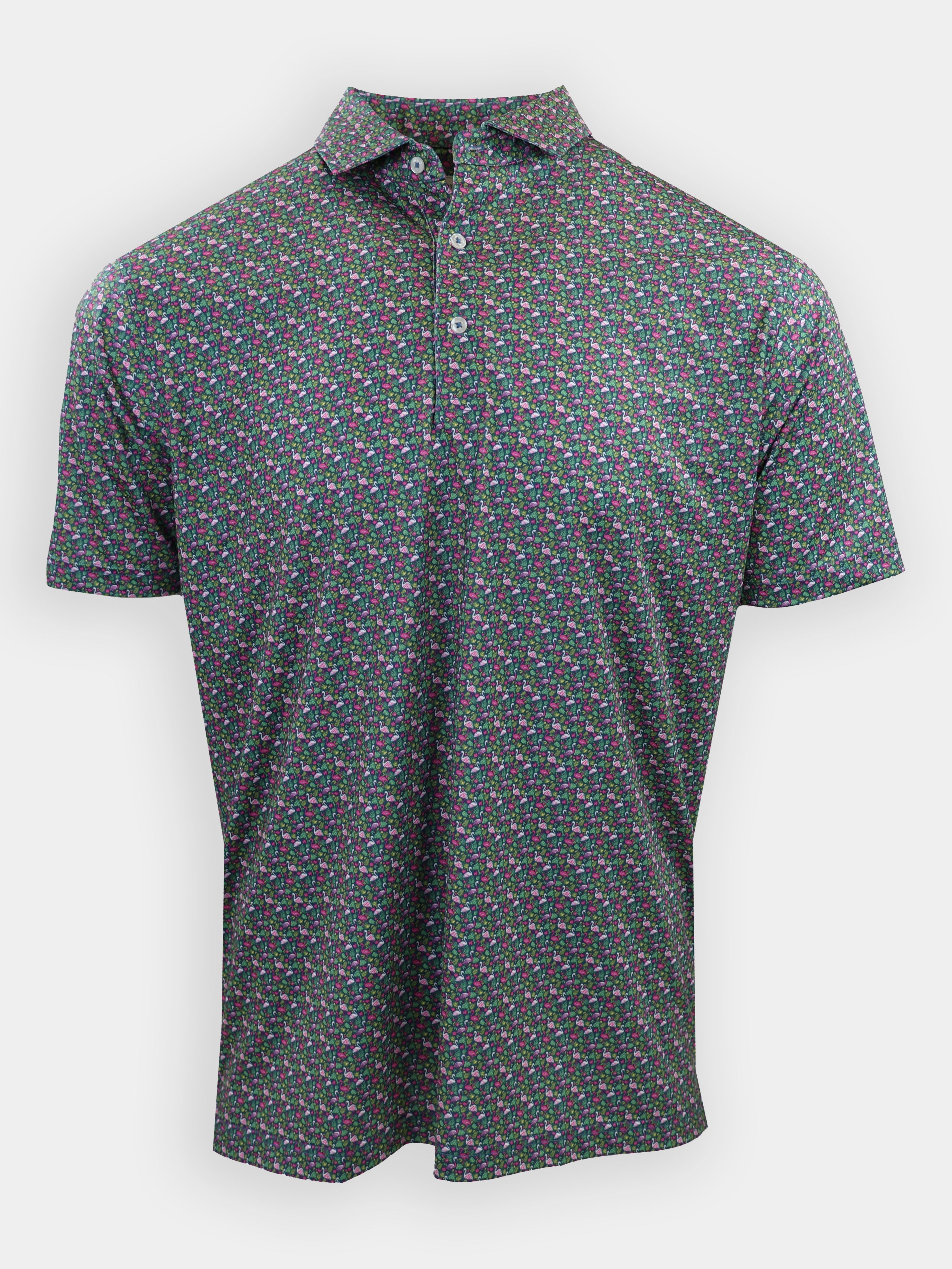 A short-sleeve polo shirt with a black background featuring a colorful floral pattern is displayed.