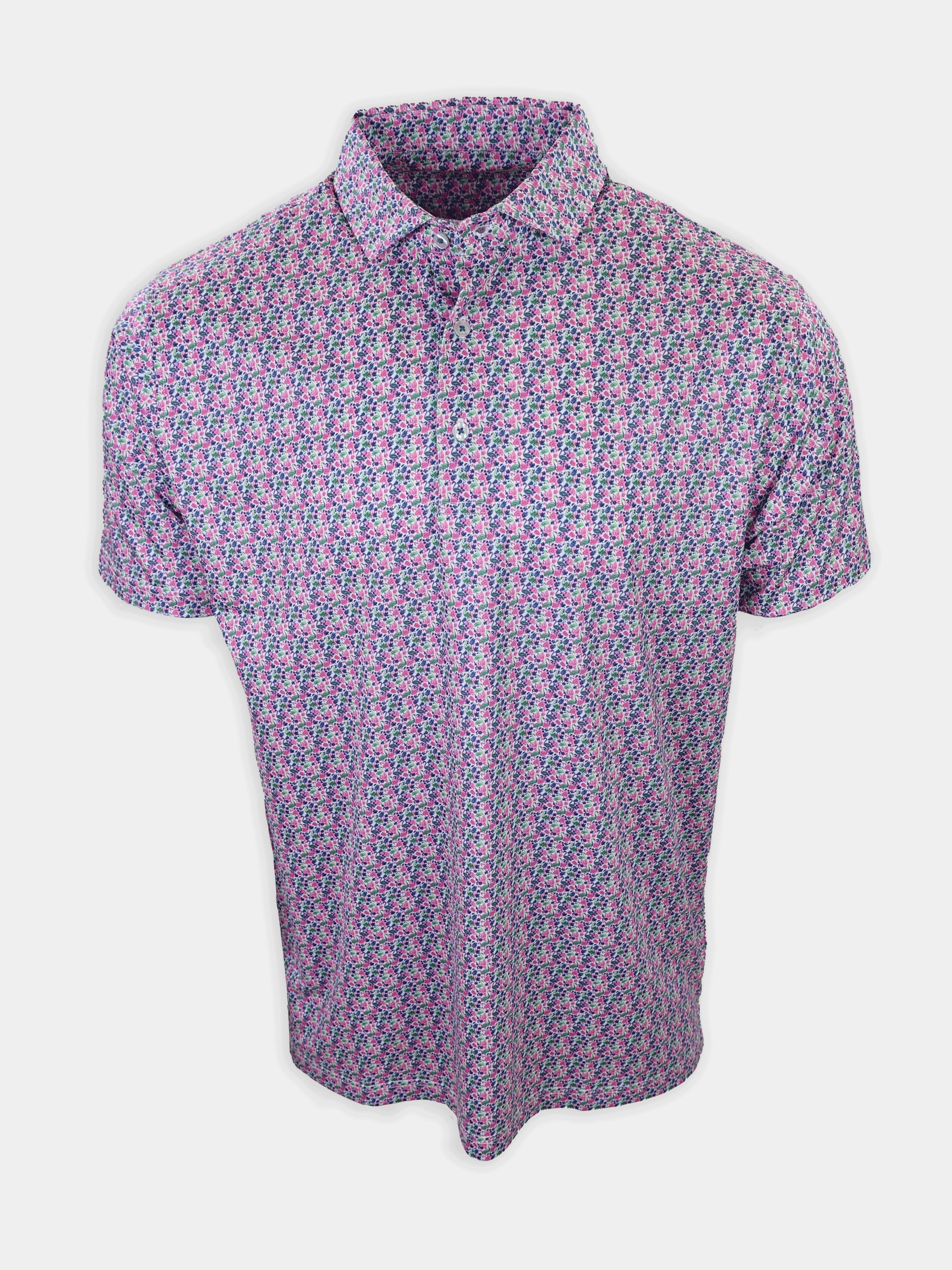 Short-sleeved, collared shirt with a floral pattern in shades of pink, purple, and white.