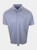 A short-sleeved shirt with a floral pattern in shades of blue, pink, and green is displayed against a plain white background.