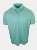A short-sleeve polo shirt in a teal color with a repeated pattern of small boat illustrations is displayed.