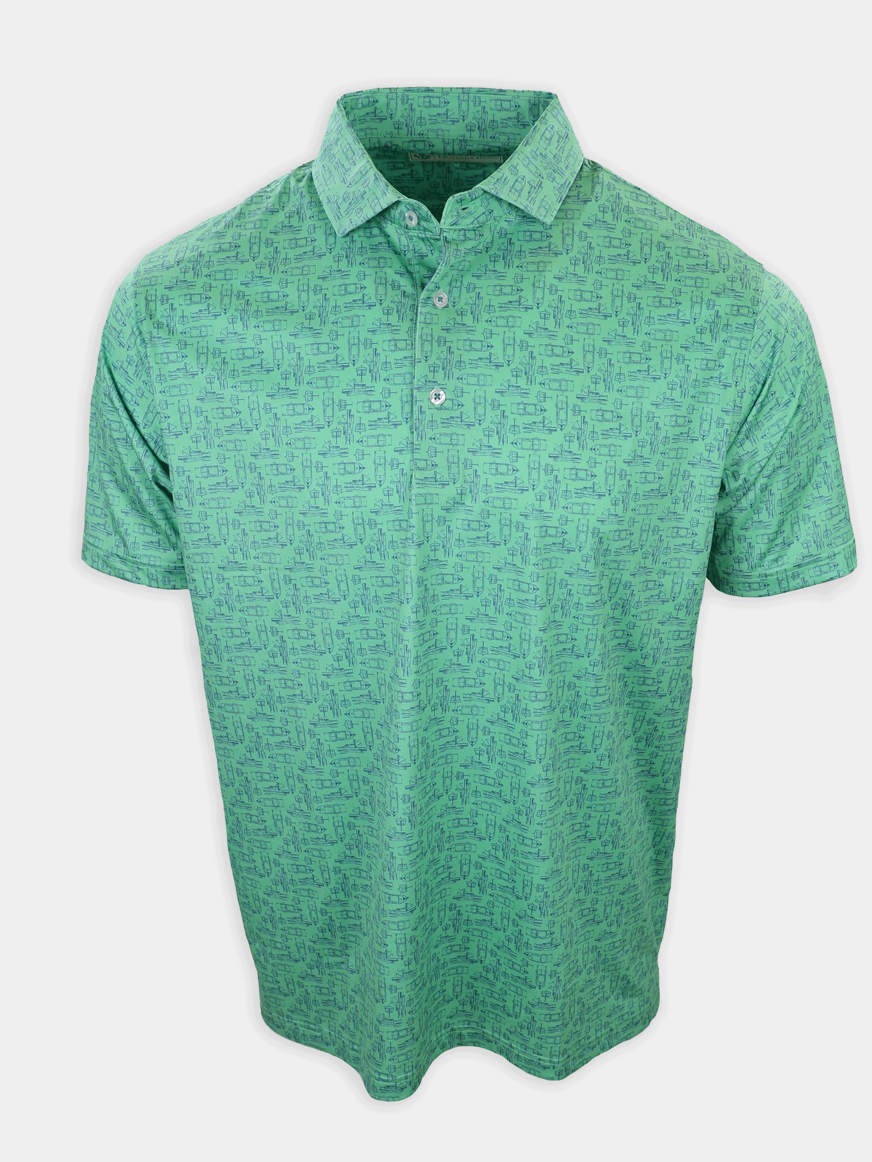 A green polo shirt with a patterned design is displayed against a white background.