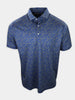 Blue polo shirt featuring a geometric pattern in a lighter shade.
