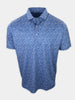Short-sleeve polo shirt in blue with a printed pattern of white geometric shapes and lines.