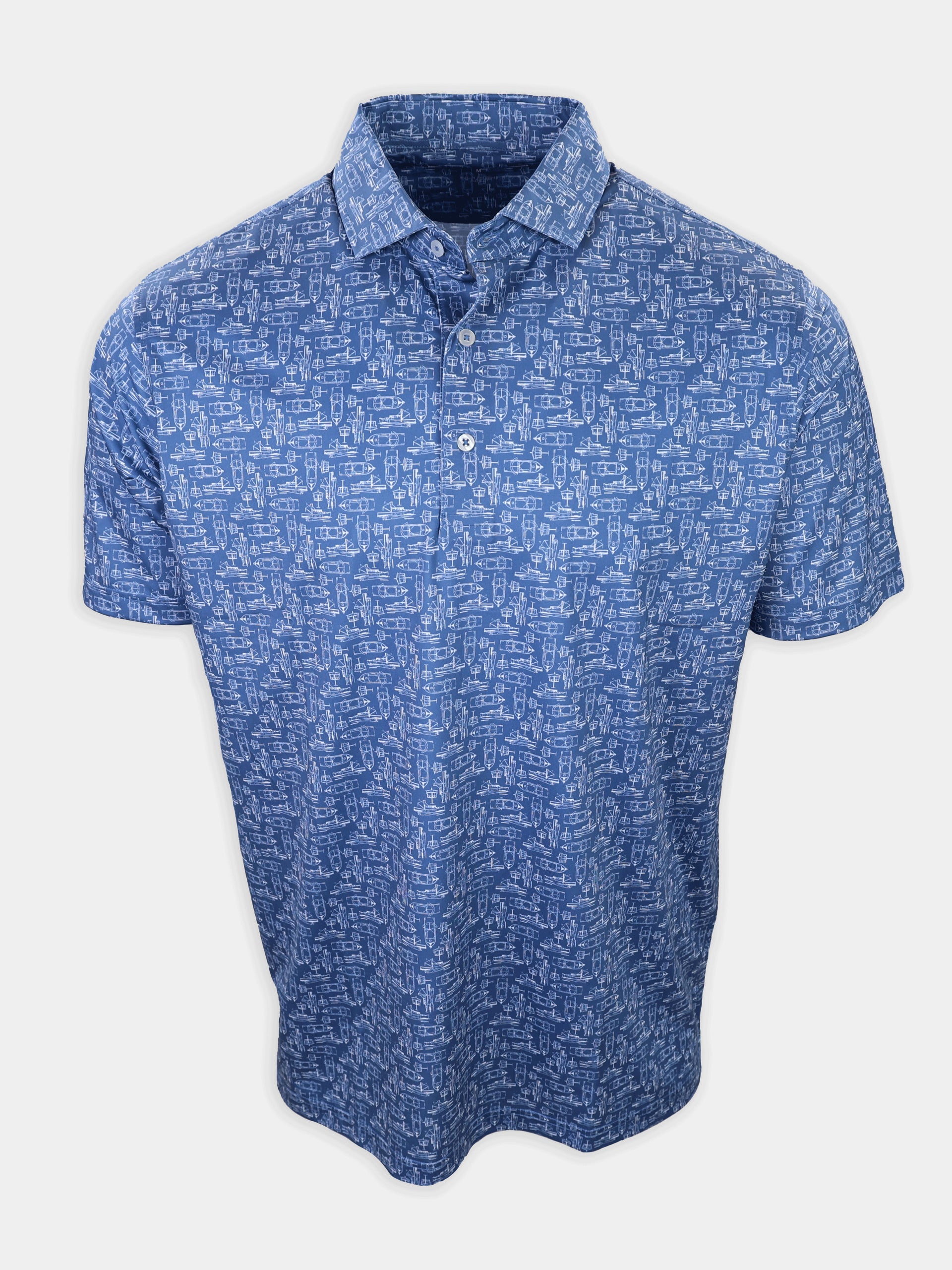 Short-sleeve polo shirt in blue with a printed pattern of white geometric shapes and lines.