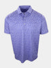 A short-sleeved purple polo shirt with a subtle geometric pattern is displayed against a white background.