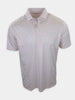 Short-sleeve, collared shirt with a white background featuring a repeating pattern of small red shapes.