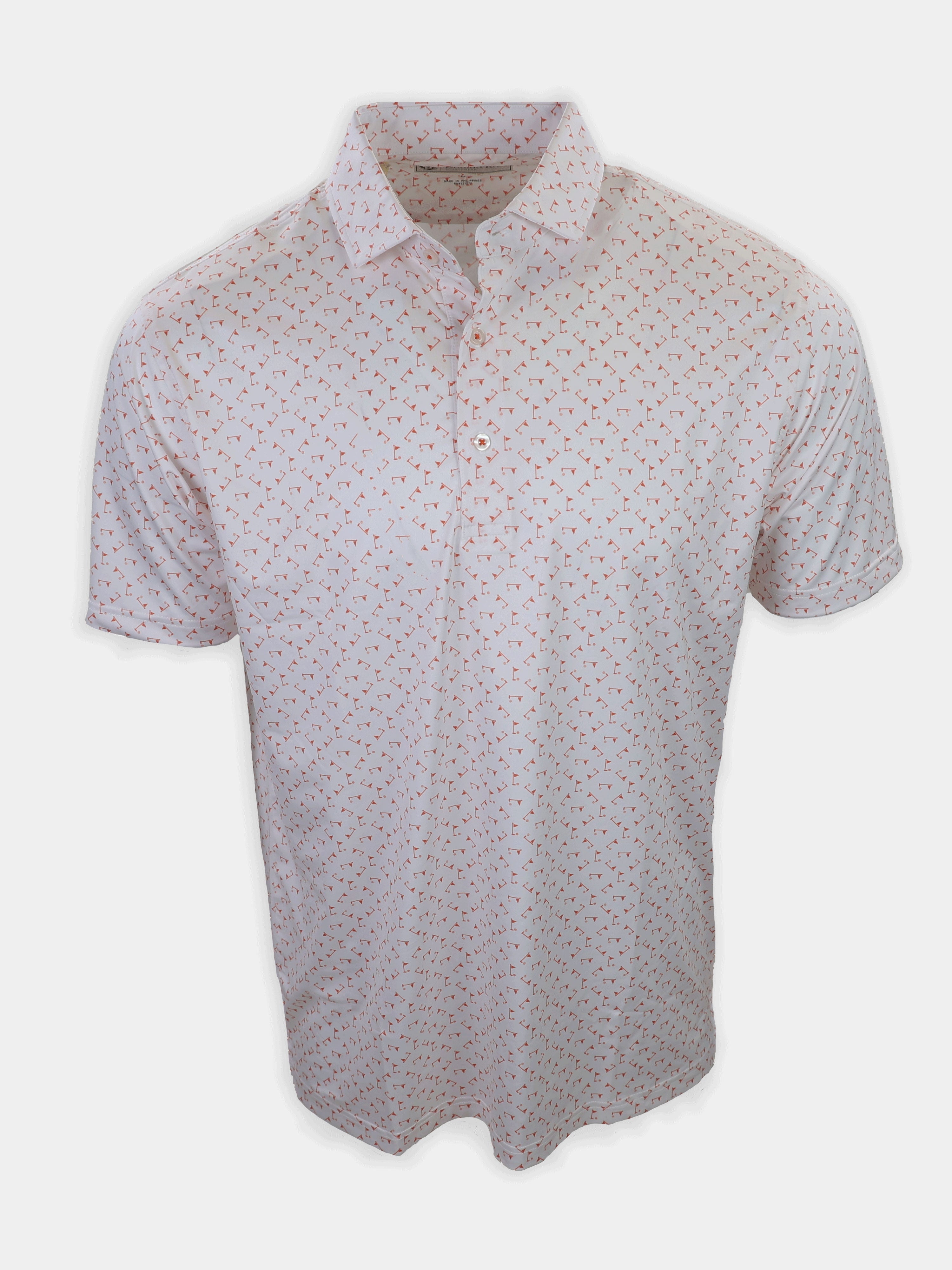 Short-sleeve, collared shirt with a white background featuring a repeating pattern of small red shapes.