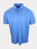 Short-sleeve, light blue polo shirt with a repeating white pattern displayed against a plain background.