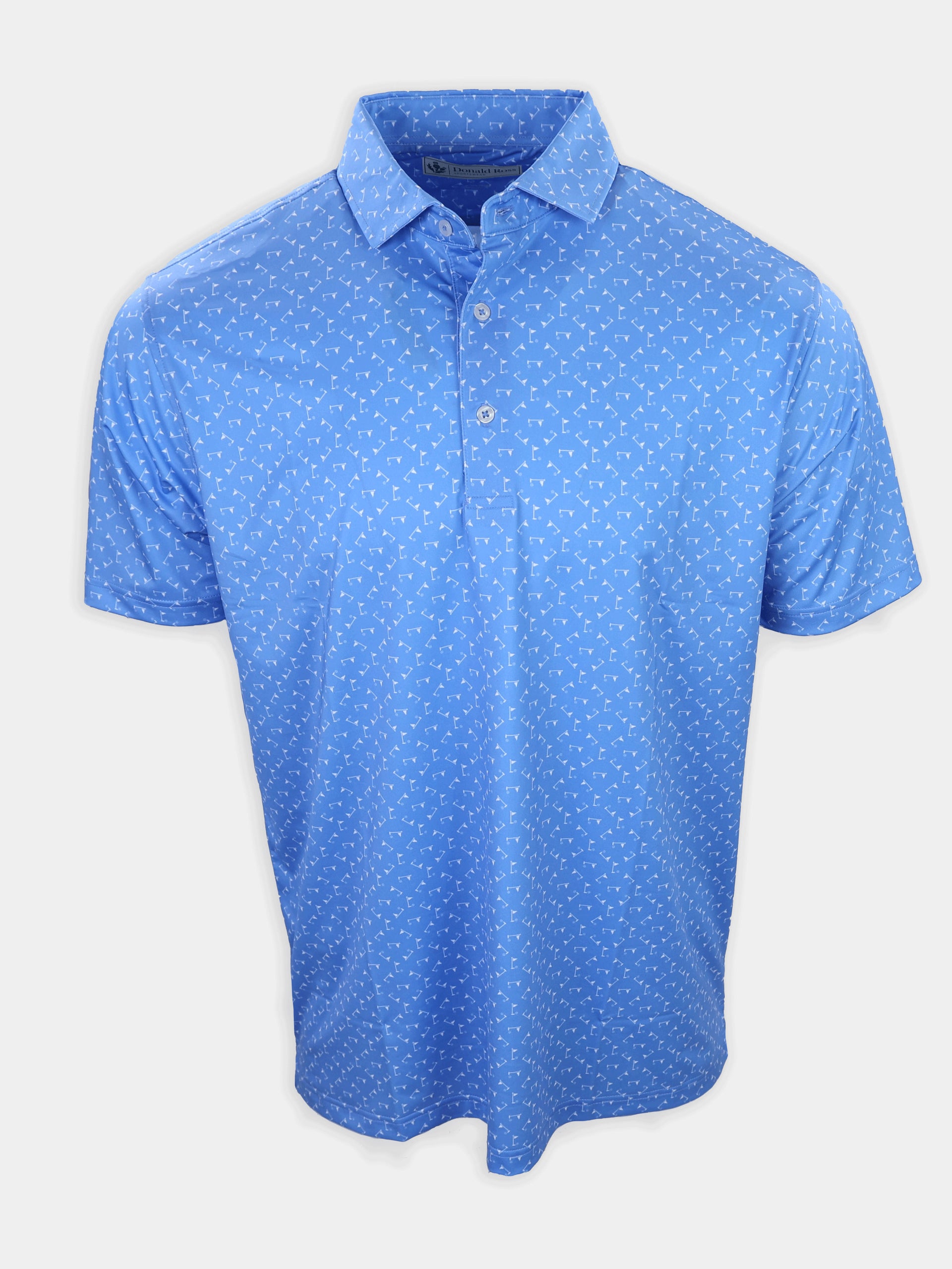 Short-sleeve, light blue polo shirt with a repeating white pattern displayed against a plain background.