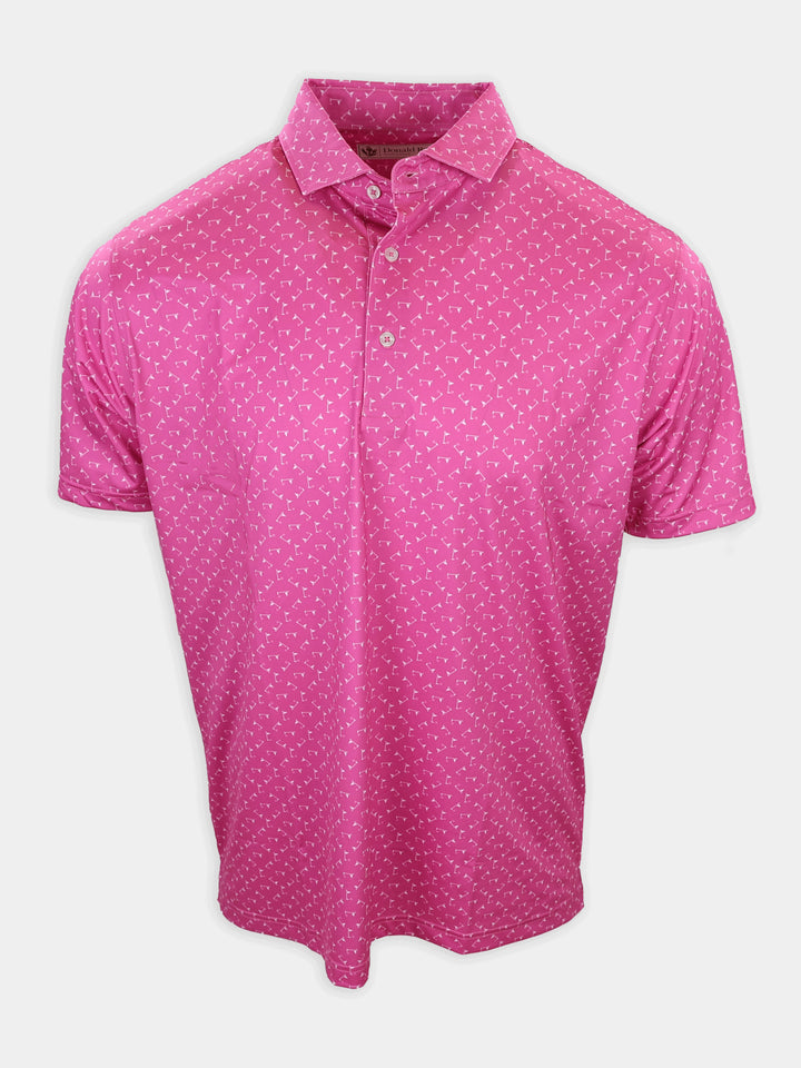 Short-sleeve polo shirt in vibrant pink with a subtle white geometric pattern throughout.