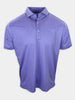 Purple polo shirt with a repeated pattern displayed against a white background.
