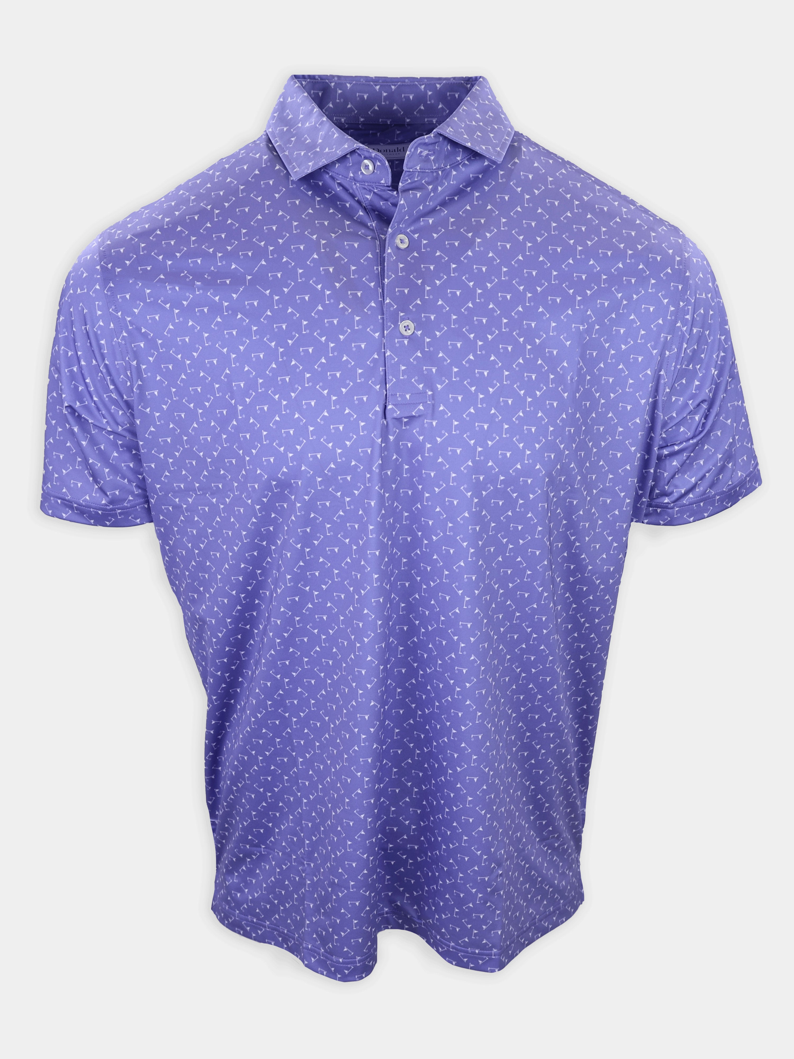 Purple polo shirt with a repeated pattern displayed against a white background.