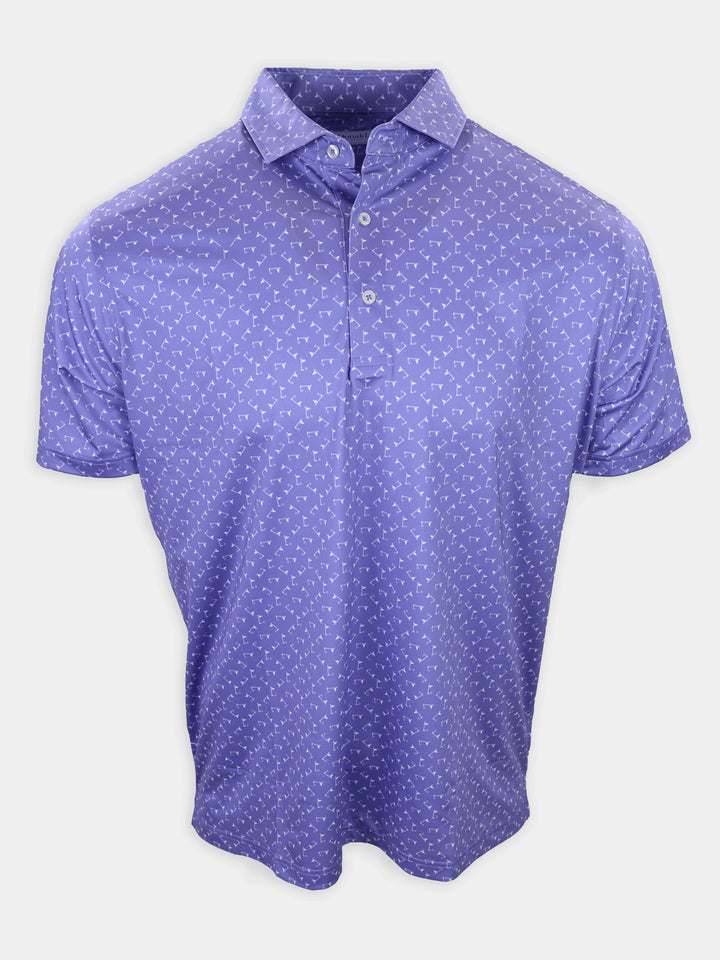 Purple polo shirt with a repeated pattern displayed against a white background.