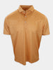 Short-sleeve polo shirt in a light orange color with a repeating black pattern of small shapes.