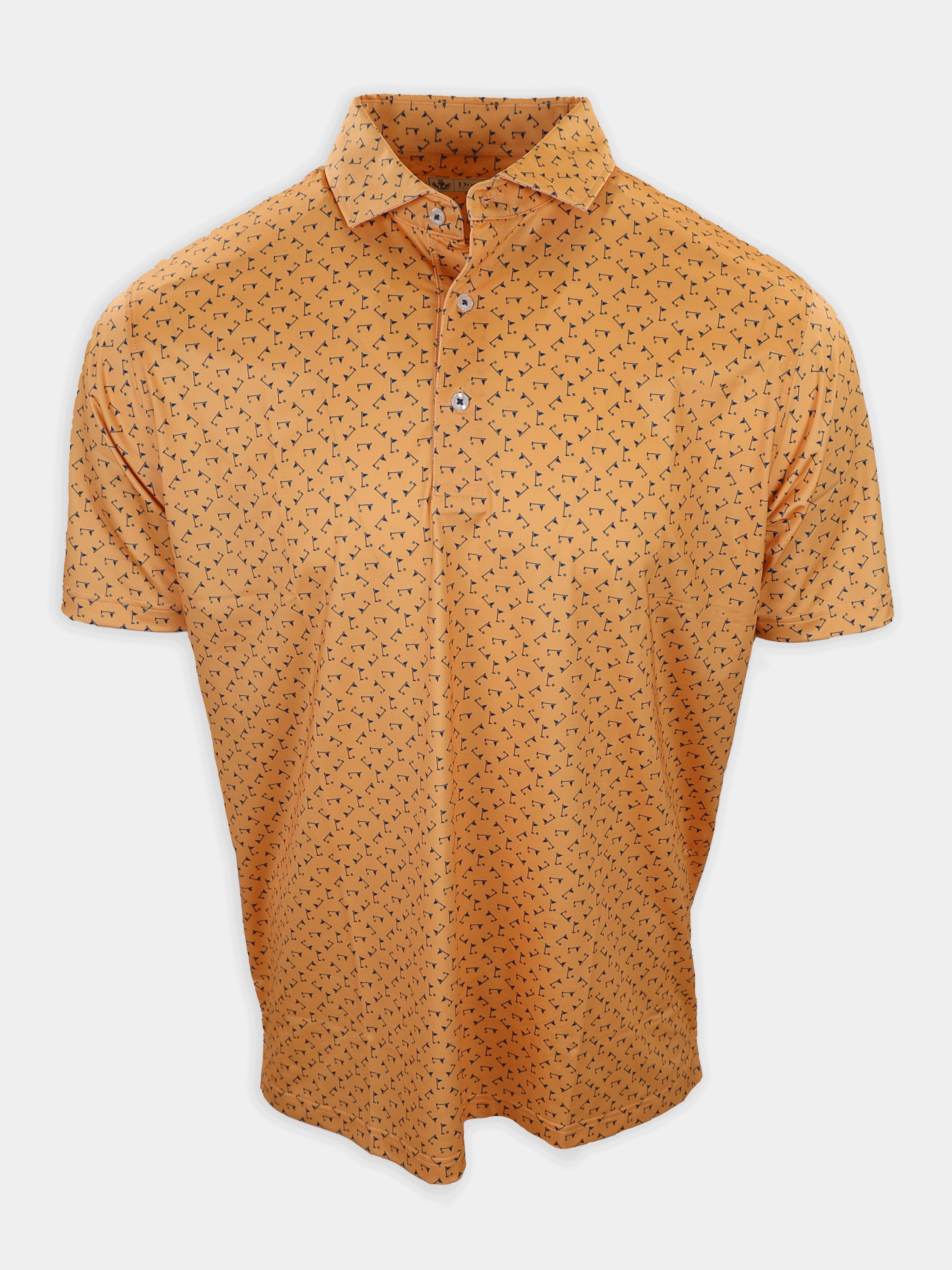Short-sleeve polo shirt in a light orange color with a repeating black pattern of small shapes.