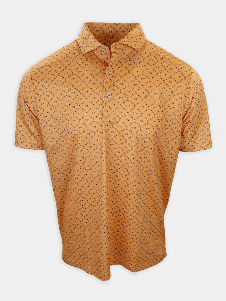 Short-sleeve polo shirt in a light orange color with a repeating black pattern of small shapes.