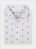 White polo shirt with small blue Donald Ross logo pattern, neatly folded. The shirt has a classic collar and three buttons, conveying a clean, casual style.