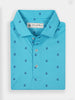 Turquoise polo shirt with small navy embroidered Donald Ross logo patterns and a folded collar