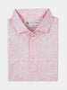 Blue and white floral pattern polo shirt neatly folded, displaying a collar and three buttons