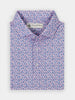 Folded shirt with a purple and blue floral pattern, featuring a buttoned collar