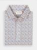 Floral-printed shirt with orange and blue flowers on a white background, neatly folded