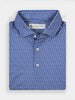 Folded blue shirt with a small white and yellow sunglasses pattern, featuring a collar and white buttons