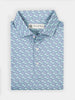 Folded blue patterned polo shirt with small sunglasses design. It features a button-down collar and Donald Ross label. Elegant and stylish.