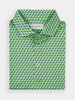 Green collared shirt with a navy bulldog pattern, neatly folded. Label reads Donald Ross Sportswear. Two white buttons are visible. Bright, playful tone.