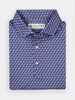 Folded blue polo shirt with a playful bulldog print pattern and a collar