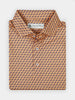 Men's collared shirt with orange fabric featuring a repeating purple bulldog pattern