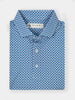 Folded blue polo shirt with a equine-inspired pattern, featuring a button-up collar and a label from Donald Ross Sportswear