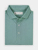 Folded blue and green patterned shirt with white buttons, featuring a subtle stallion design. Collared and neatly arranged, it conveys a stylish, elegant tone.