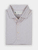 A folded collared shirt with a light beige background and small blue floral pattern. The shirt has buttons and a label, set against a plain backdrop.