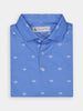 Folded blue polo shirt with a subtle pattern of white Donald Ross logos, featuring a collar and three buttons