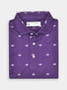 Folded purple polo shirt with a white Donald Ross logo pattern. It features a collar and three white buttons, conveying a polished, sophisticated look.