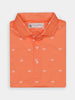 Bright orange polo shirt with a folded collar and buttoned placket, featuring a subtle, repeating white logo pattern.