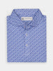 Folded blue rochester polo with intricate white floral pattern, three buttons, and a tag labeled "Donald Ross," set against a plain white background.