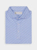 Folded blue and white patterned shirt with a small floral design, featuring a pointed collar and three white buttons