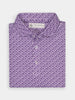 Folded purple polo shirt with intricate floral pattern. Features buttons down the front and a visible label at the collar, giving a sophisticated look.