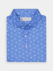 Blue collared golf polo shirt with small white pattern of dodos, neatly folded
