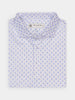 White button-down shirt with a blue pattern, neatly folded. The design conveys a formal, elegant tone.