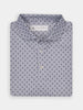 Folded light gray button-up shirt with small navy pattern. The collar is neatly arranged, giving a classic and elegant feel.