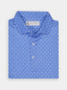 Folded blue polo shirt with a subtle white Donald Ross pattern, collar and buttons visible