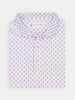 Folded white dress shirt with a small purple royalty pattern, featuring a pointed collar. The shirt exudes a crisp, elegant appearance.