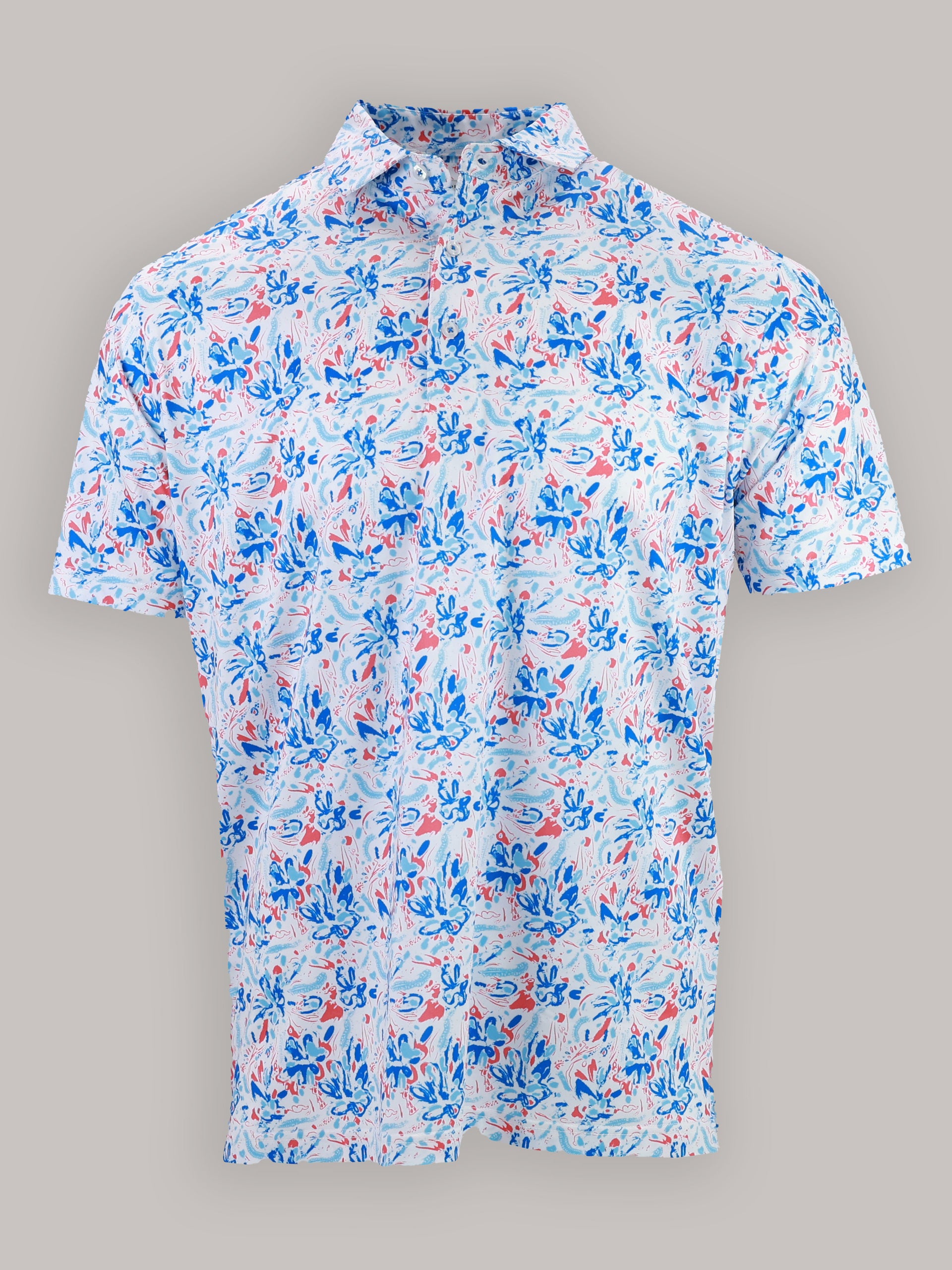 Short-sleeved shirt with a vibrant floral pattern. The design features blue and pink flowers on a white background, creating a playful, summery vibe.