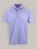 Lavender polo shirt with a scattered golf tee graphic pattern. The shirt features a classic collar and a button placket, conveying a playful, casual tone.