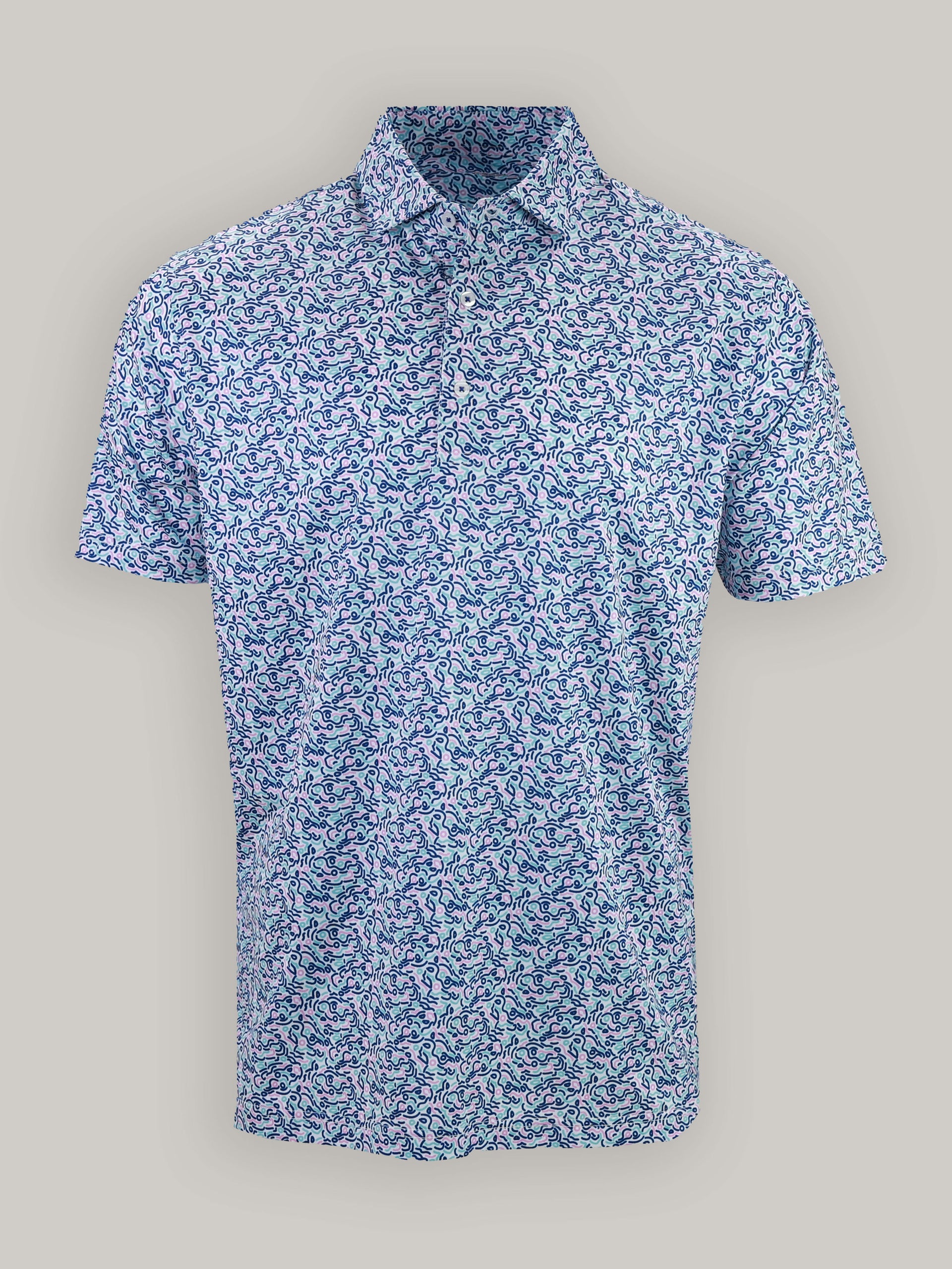 A short-sleeved, button-up shirt with a colorful abstract pattern of swirling lines and shapes in blue, pink, and green on a white background.